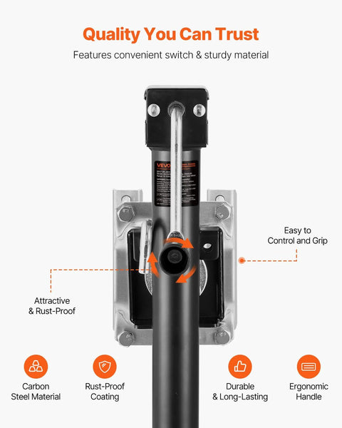 Front view of Heavy Duty 2500 Lb Trailer Jack With 15 Inch Lift And Ergonomic Handle, showcasing rust-proof coating and ergonomic grip.