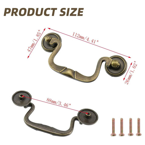 Antique Bronze Cabinet Pulls Set Of 4 With 3.5 Inch Center Hole 88mm Vintage Dresser Handles product size diagram with screws shown
