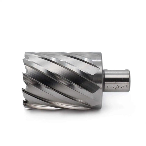 Annular Cutter One Seven Eighths Inch Cutting Diameter And Two Inches Depth Of Cut For Magnetic Drill Press With Three Quarters Inch Weldon Shank And Two Flat Pilot Pin Ready Heavy Duty Mag Drill Bit One Piece OSCARBIDE on white background
