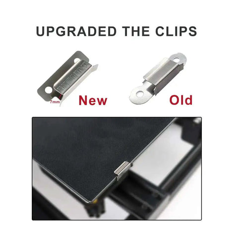 Tempered Glass 3D Printer Bed Upgrade 220x220x4mm With 4 Clips showing clip design comparison and installation