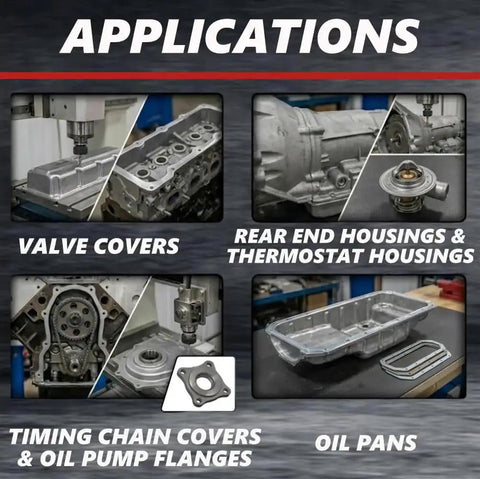Applications for Blue RTV Silicone Gasket Maker Cartridge 300ml, shown on valve covers, rear end housings, oil pans.