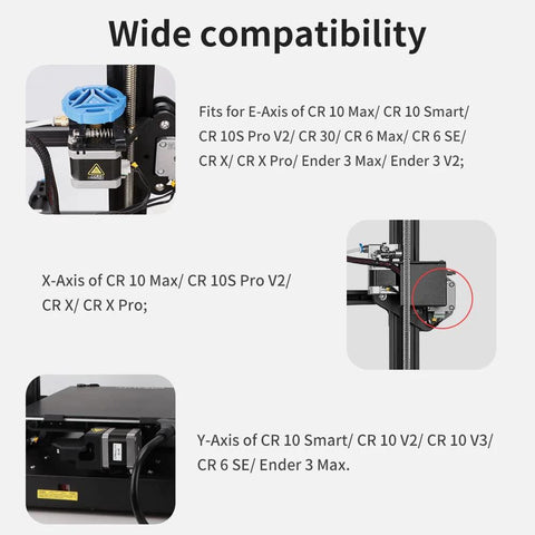 Creality 42-40 stepper motor for 3D printer X/Y axis, 2-phase, 1A, 1.8°, D-shape, CR-10/Ender compatible
Side view of Creality 42-40 stepper motor installed on a CR-10/Ender axis, D-shaped shaft
Close-up of Creality 42-40 stepper motor for X/Y/E axes, 2-phase, 1A, 1.8°, D-shape