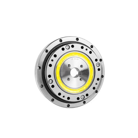 Front view of SHF 32 III High Precision Strain Wave Gear Reducer for automation robots, features compact design and durable metal casing.