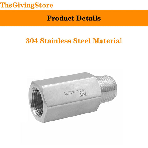 1/4 in NPT female-to-male check valve, 304 stainless steel, threaded ends, one-way valve