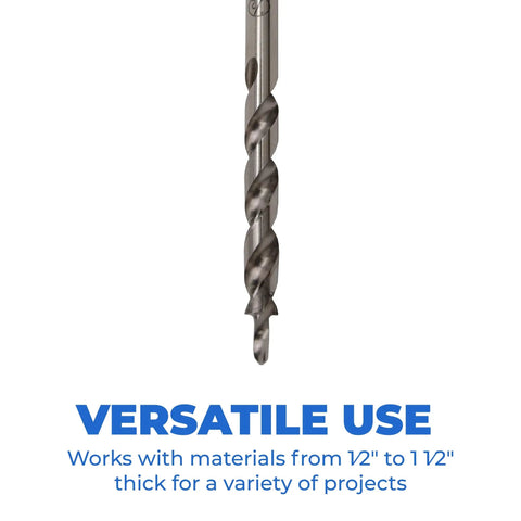 Pro Grade Pocket Hole Drill Bit For Accurate Pocket Hole Joinery With Easy Set Design In High Speed Steel For Materials From Half Inch To One And A Half Inch Thick Wood Kreg Compatible, close-up view with text 'Versatile Use'.