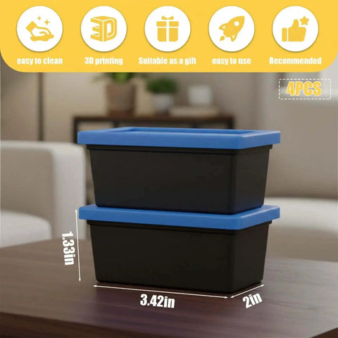 Two blue Stackable Mini Tote Bins With Lids For Desk Organization And Craft Storage on a table, dimensions shown.