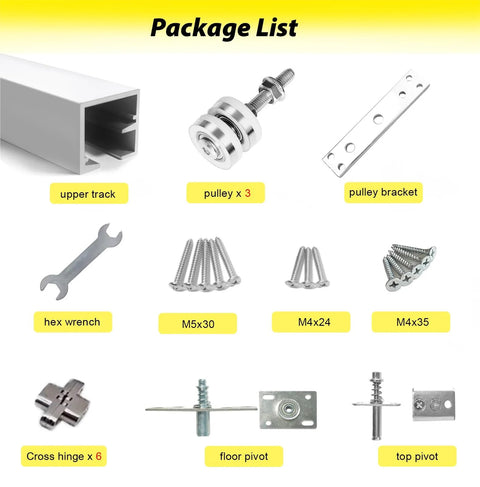 Package list of Pocket Door Bifold Hardware Kit with Adjustable Height Rollers showing track, pulleys, brackets, and screws.