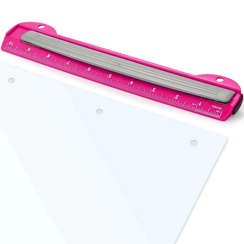 3 Hole Punch For Ring Binders With Built In Ruler, Handy Portable Paper Puncher, 5 Sheets Capacity, Deep Pink design on white paper