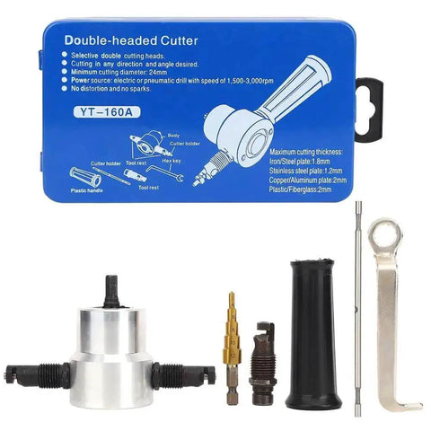 Double Headed Sheet Metal Nibbler For Straight Curve And Circle Cuts, Handy Drill Attachment with accessories in packaging
