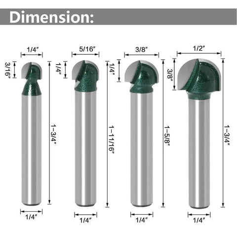Four Piece 1/4 Inch Shank Round Nose Core Box Router Bits Set For CNC Sign Making And Woodworking, dimensions shown