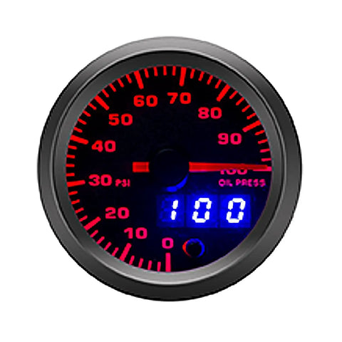 Oil Pressure Gauge Kit 52mm With 7 Color LED Digital Readouts 0 To 100 PSI Black Dial Clear Lens showing 100 PSI reading