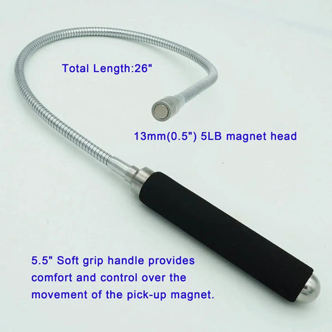 Flexible Magnetic Pickup Tool Set With 5 Lb And 10 Lb Magnetic Strength 26 Inch Bendable Extension tool with cushioned handle.