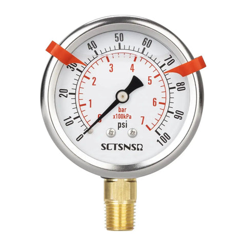 Front view of 0 To 100 Psi Glycerin Liquid Filled Pressure Gauge With Two And A Half Inch Dial Lower Mount One Quarter Inch NPT Stainless Steel Case.