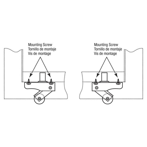 Diagram of Nylon Screen Door Roller Set With Spring Loaded Arm showing mounting screws and 1-inch wheel for Bay Mills patio doors.