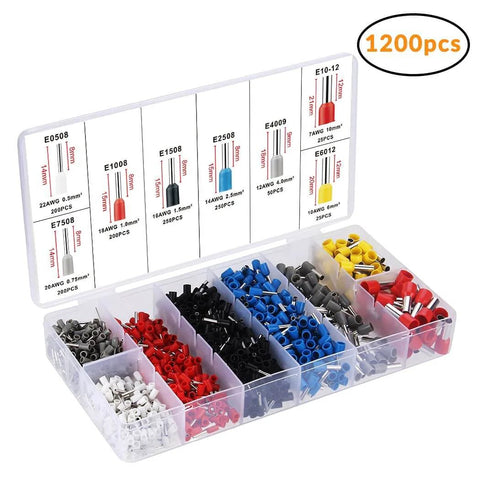 Open box of 1200 insulated terminals from the Ferrule Crimping Tool Kit With 1200 Insulated Terminals, Self Adjusting Ratchet Crimp Tool