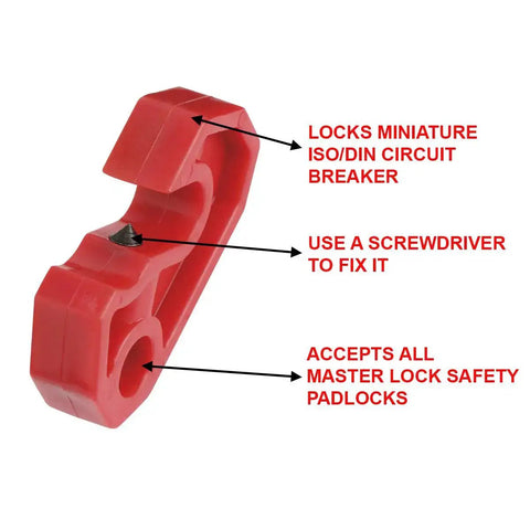 Universal Miniature Circuit Breaker Lockout Device For OSHA Compliant Lockout Tagout Programs, red plastic with toggle slot.