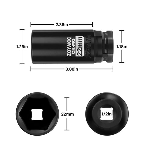 Deep 22 Millimeter 6 Point Impact Socket For One Half Inch Drive In Chromoly Steel, showing dimensions and hex grip.