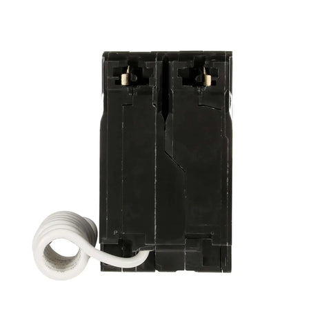 THQL2130GFT 30A Double-Pole GFCI Circuit Breaker with plug-in load side lugs and curled wire, front view