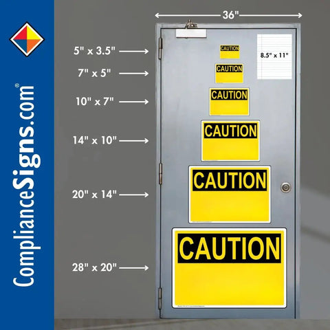 Front view of metal door with yellow CAUTION vinyl decals in multiple sizes for industrial notices.