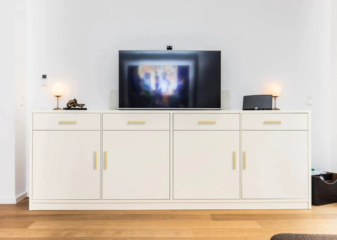 White cabinet fitted with 30 Pack 5 Inch Square Cabinet Handles in Brushed Brass Finish Stainless Steel Kitchen Hardware Pulls with 128mm Hole Center.