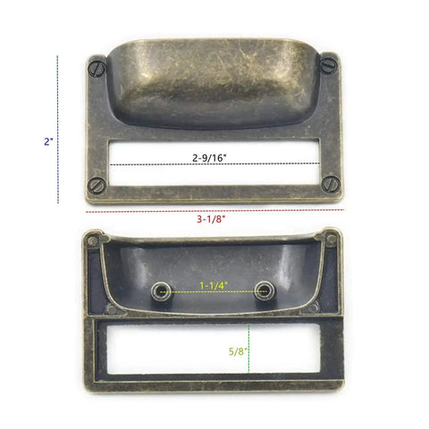 Six Pack Zinc Alloy Antique Bronze Label Frame Drawer Pulls for Drawers and Cabinets With Customizable Label Windows dimensions