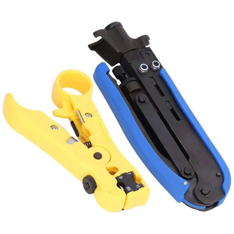 Professional Stripping And Crimping Pliers Set For Coaxial Cables RG59 RG6 RG11 with blue and yellow handles