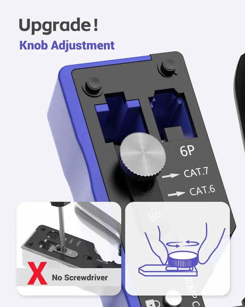 Close-up of Versatile All In One RJ45 Crimp Tool with adjustable knob for CAT7 to CAT5e, blue, showing no screwdriver needed feature.