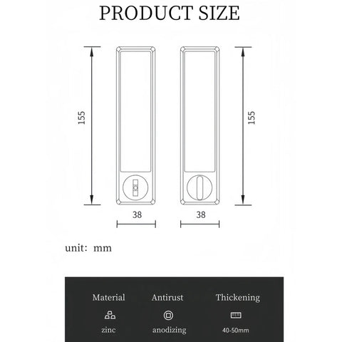 Technical drawing of Concealed Edge Pull Pocket Door Lock With Privacy Function For Recessed Sliding Doors Fits Doors With Thickness From One And A Half To Nearly Two Inches Matte Black Rectangle Mortise Lock And Hidden Pull Handle For Seamless Operation.