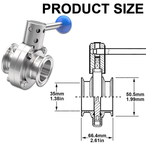 Sanitary butterfly valve with pull handle, 1.5 inch tri-clamp, 304 stainless steel, 2 pcs, Amazon brand.