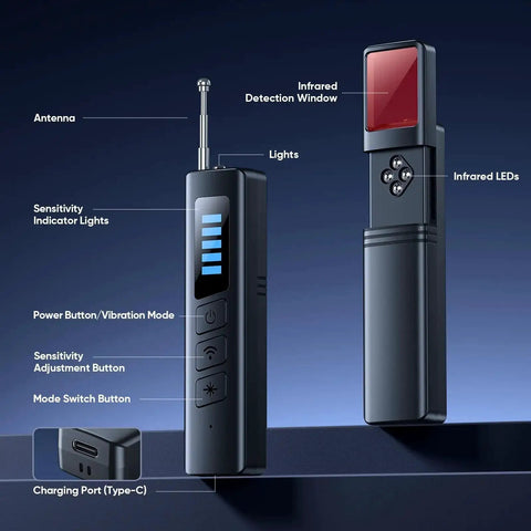 All In One Hidden Spy Camera Detector With RF Signal Scan And Infrared Lens Finder showing antenna, sensitivity lights, and infrared LED