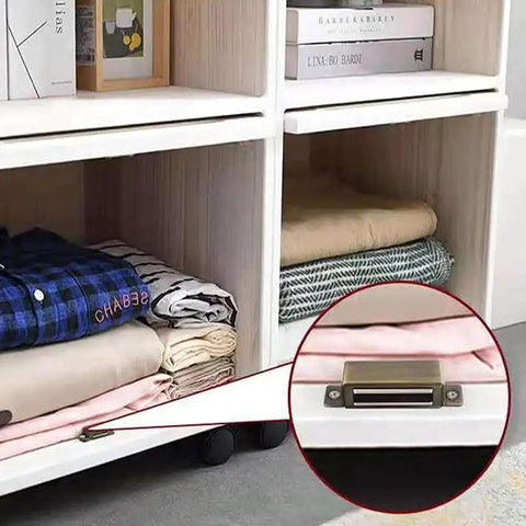 Heavy Duty Magnetic Cabinet Catches 2 Pack Holds Up To 15 Lbs Cupboard Door Magnets shown installed on a shelf with folded clothes