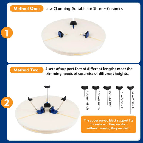 Two methods for Portable Pottery Turntable Clamp For Clay Craft Adjustable Centering Tool, showing support feet for ceramic height adjustment.