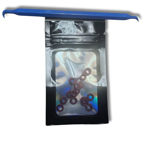Red silicone O-ring set, 70A, 5/32 in ID, 9/32 in OD, 1/16 in thick, 20-pack with blue installation tool