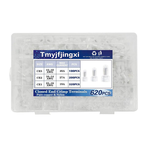 620Pcs Nylon Wire Cap Crimp Connectors Set For 22-16 16-14 12-10 AWG Closed End Electrical Terminal Connectors Durable Nylon Ferrule For Long Lasting Use Great Value Safe Insulation Quick Crimp And Reliable Performance CE1 CE2 CE5 YY008 in clear plastic case