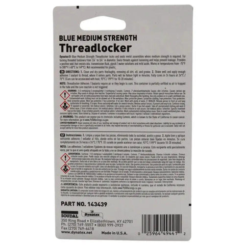 Packaging back view of Blue Medium Strength Thread Locker For Metal Fasteners, 0.20 Ounce Bottle, Removable With Hand Tools, 3 Pack.