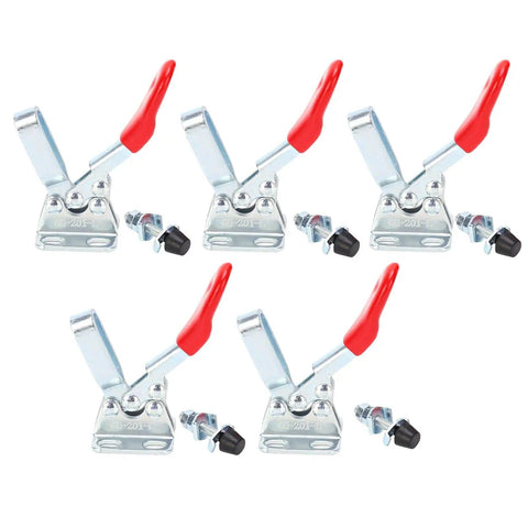 Five Pro Grade Heavy Duty Hold Down Toggle Clamps for woodworking, alloy steel, with red handles and accessories, side view.