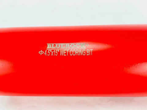 Close-up of a 4.5 Inch Diamond Wet Core Drill Bit With One And Quarter Inch Threaded Connection, Bluerock Tools branding visible