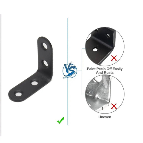 20 Pieces Stainless Steel L Right Angle Brackets With 1.57 By 1.57 Inch Sides Includes 80 Screws Beefy Built, black coated bracket comparison with rust-prone competitors