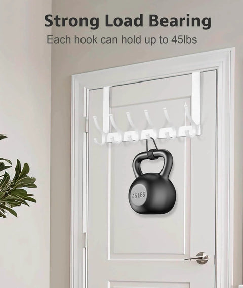 Overdoor hooks holding a 45 lb weight with "Strong Load Bearing" text above showing load capacity.