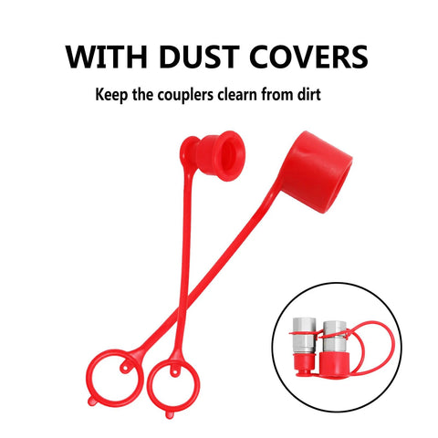 Red plastic dust caps for hydraulic quick-disconnect couplers; two-piece set with attached flexible cords.