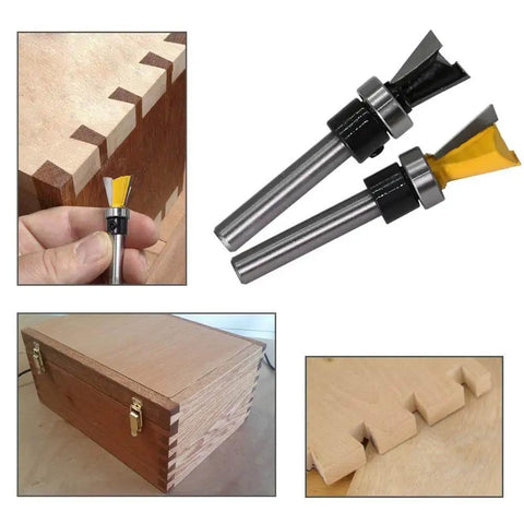 Two Pack One Quarter Inch Shank Dovetail Router Bits With Bearing Guide For Furniture Making And Cabinetry, Black 10 Degree Bit And Yellow Five Eighth Inch Bit For Smooth Dovetail Joints In Woodworking Cutter Tools shown with dovetail joints on a wooden box.
