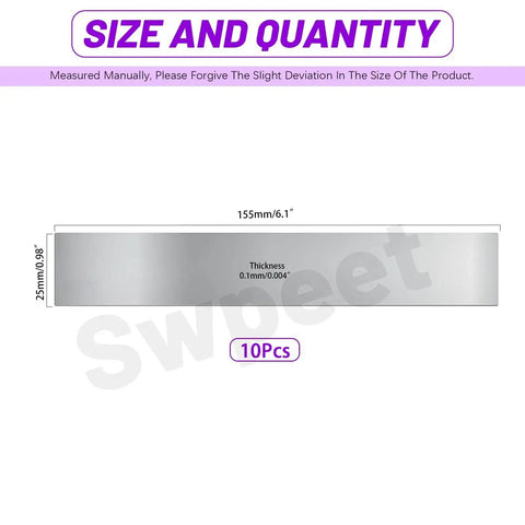 Diagram of Ten Piece 304 Stainless Steel Shim Stock Kit One Inch By Six Inch By 0.004 Inch Thick with dimensions in mm and inches shown.