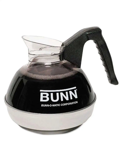 Black coffee pot with the Bunn logo and a black handle, part of the Workhorse Pourover Coffee Brewer Model VPR system.
