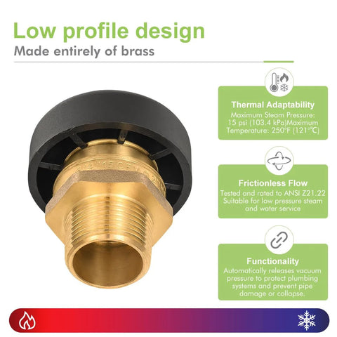 Brass vacuum relief valve with black dust cover, 3/4 inch, low-profile water service valve