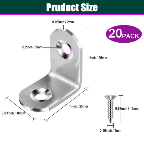 Diagram showing dimensions of 20 Pcs Stainless Steel Corner Braces 25mm By 25mm L Shaped Right Angle Brackets with screws included