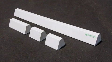 36 Inch PVC Rooftop Pipe Support Stand For Conduit Gas Lines HVAC Units Condensate Piping And Roof Installations Cut To Length Heavy Duty Durable PVC Roof Block System From MIRO-CG, showing white PVC blocks on dark surface.