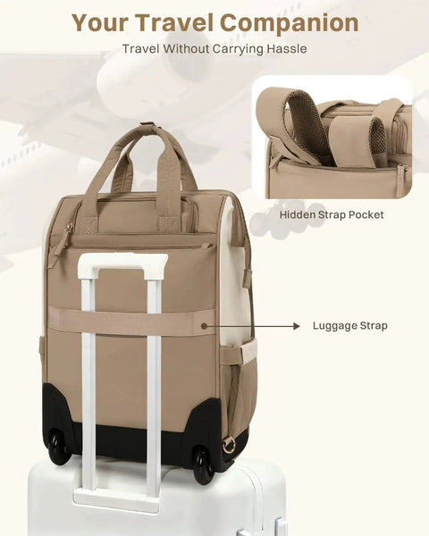 Back view of Rolling Puffer Backpack With Wheels For Women, featuring hidden strap pocket and luggage strap, displayed on a suitcase