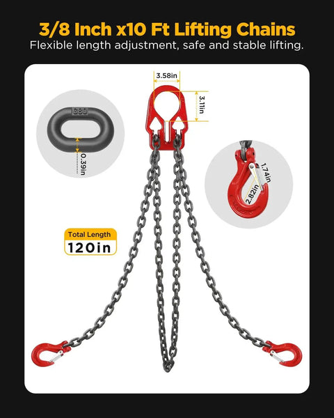Heavy-duty steel lifting chain sling with red hooks, dual-leg, 3/8 in x 10 ft, 7500 lb rating
