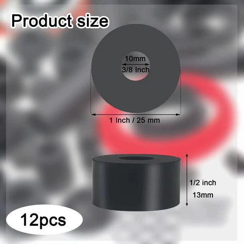 12 Pack Thick Rubber Spacers 1 Inch Outer Diameter 3/8 Inch Inner Diameter 1/2 Inch Thick Anti Vibration Washers product sizing