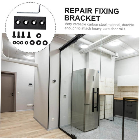 Repair fixing bracket kit with screws, hex key, and Track Connecting Brace Metal Joint Plate Set For Barn Doors Easy Installation.